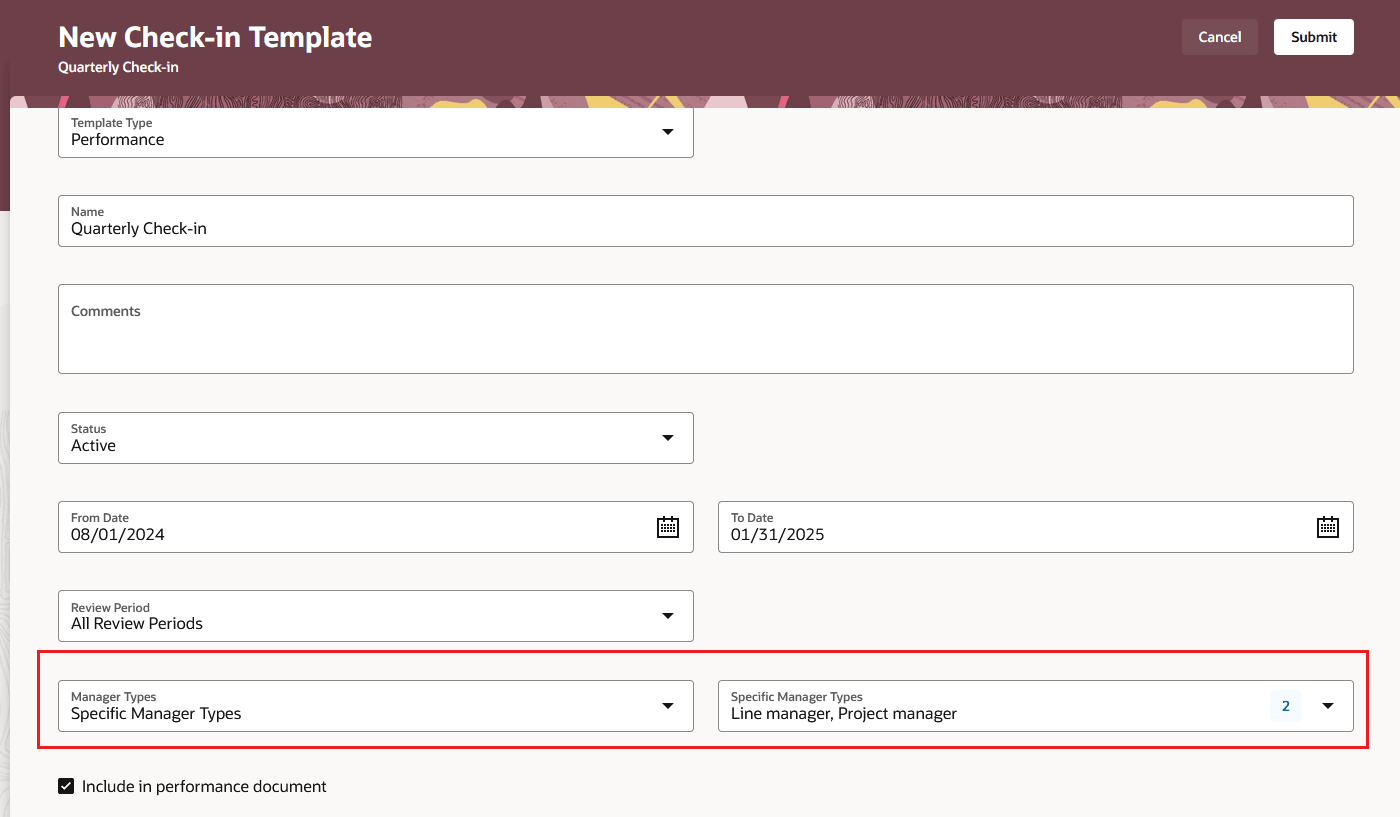 Screenshot that shows the New Check-in Template page with the Manager Types list of values with Specific Manager Types highlighted,