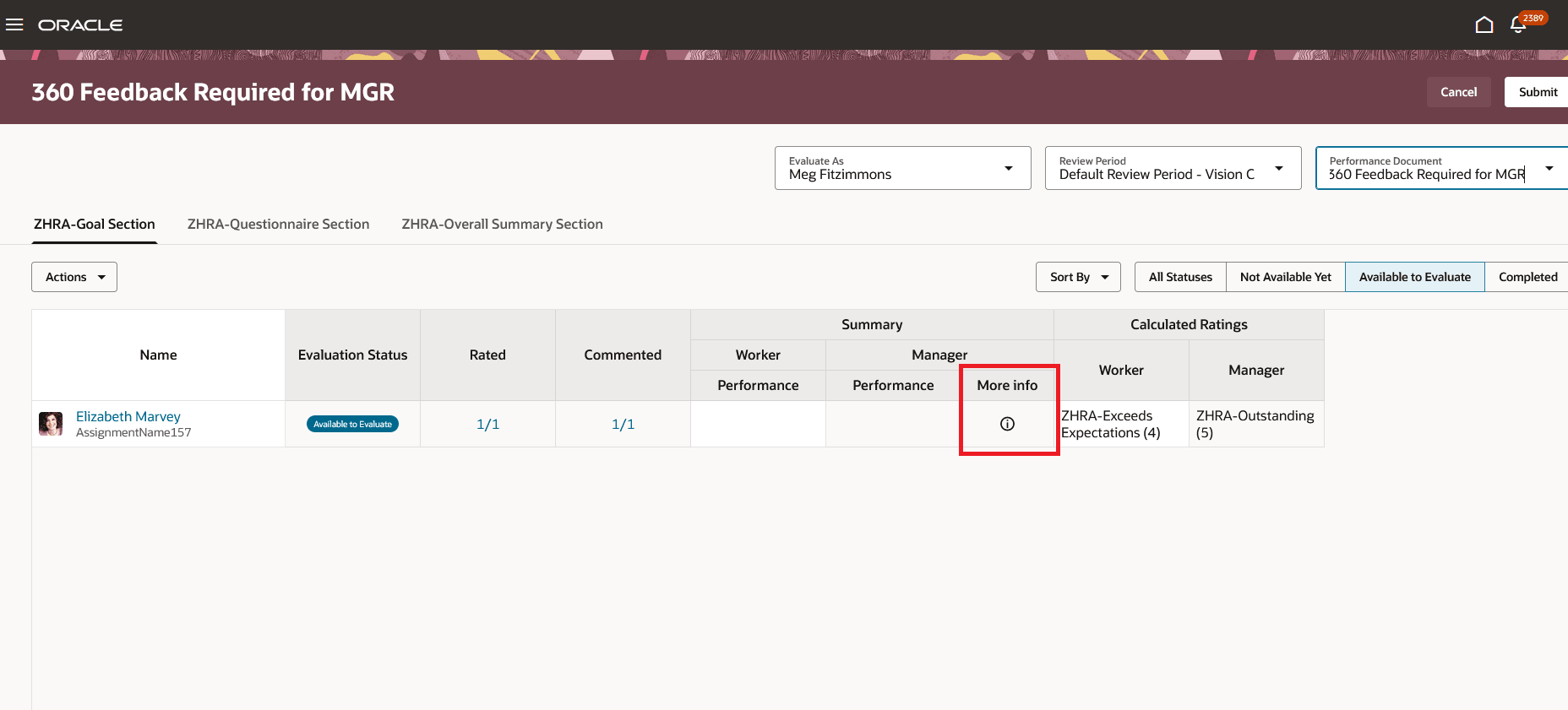 Screenshot that shows the All-in-one Evaluation page with the More info region highlighted for the goal section.
