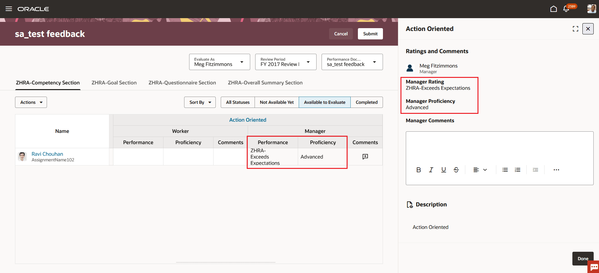 Screenshot that shows the All-in-one Evaluation page with the competencies section ratings highlighted in the data grid as well as the panel drawer.
