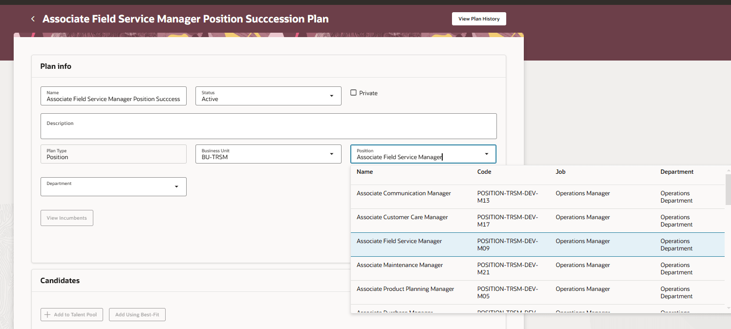 Plan info section of a Posiiton type succession plan