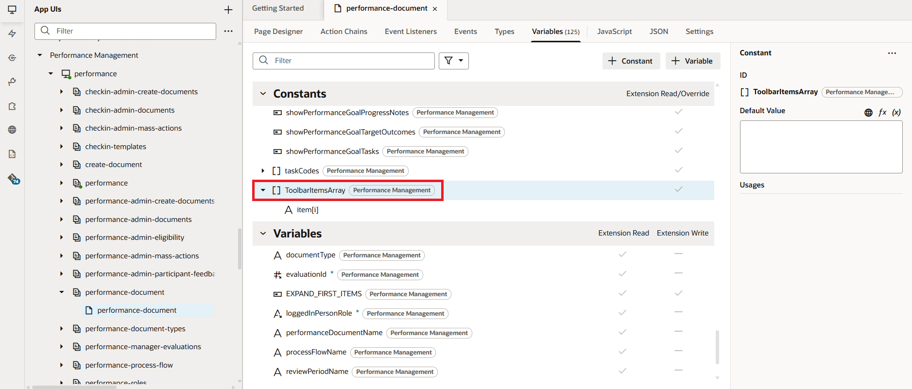 Screenshot showing the Performance Document page in VB mode with the toolbar property highlighted.
