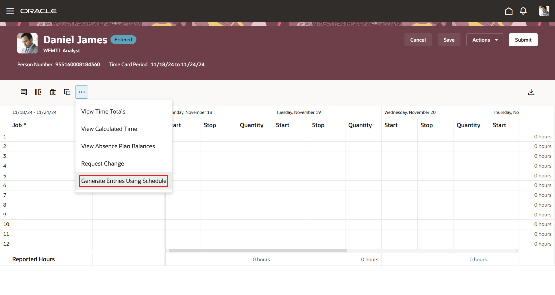 Worker Time Card Showing the New Generate Entries Using Schedule Action