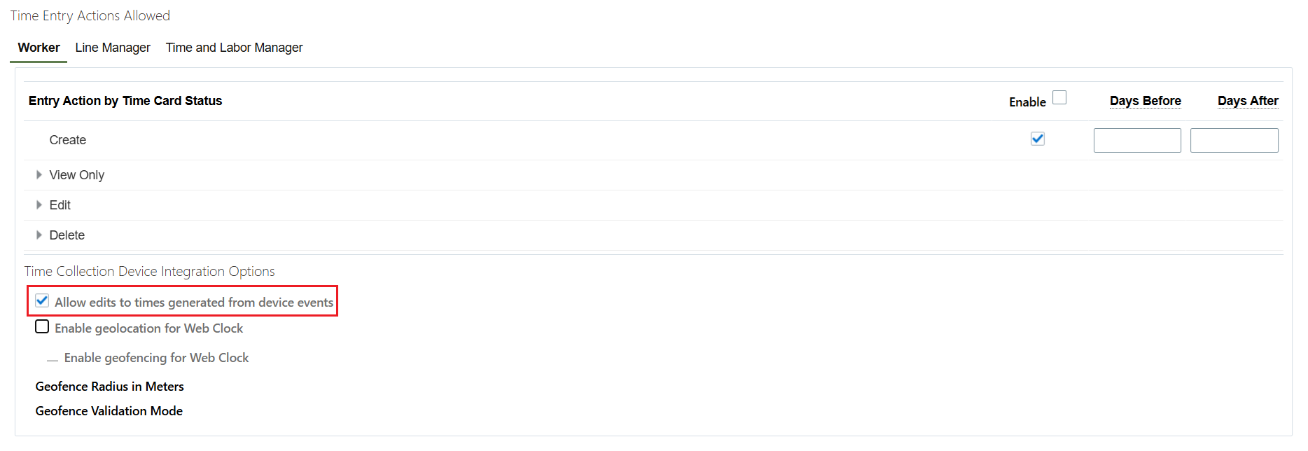 Worker Time Entry Profile with the Selected Allow Edits to Times Generated from Device Events Selected Option Highlighted