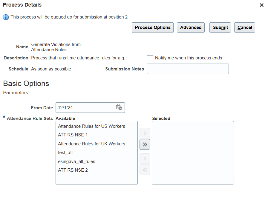 Generate Violations from Attendance Rules Process Submission Page