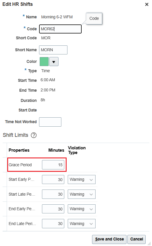 Edit HR Shifts Dialog Box
