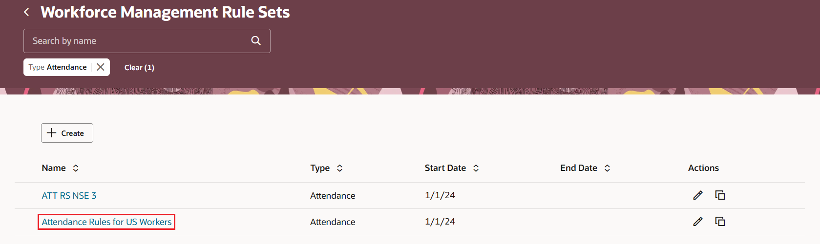 Workforce Management Rule Sets Page with a Rule Set Name Highlighted