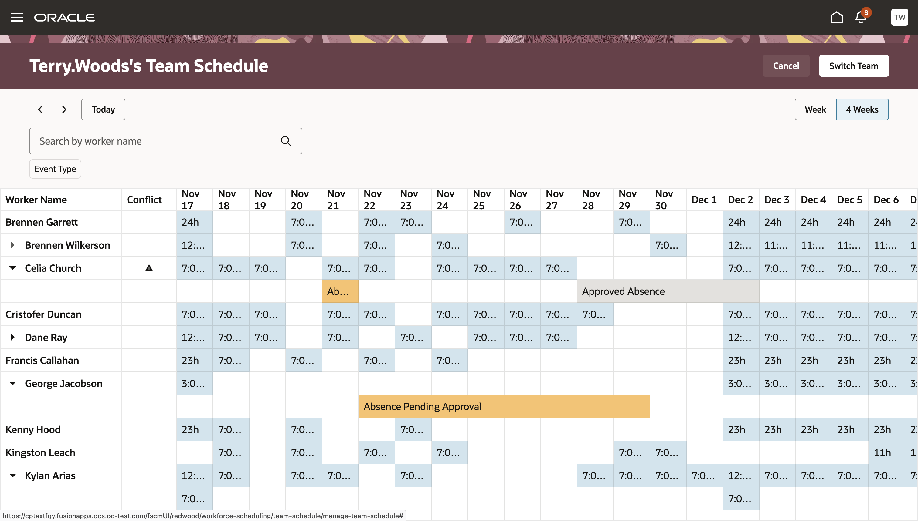 Redwood Team Schedule page in the 4 Weeks View