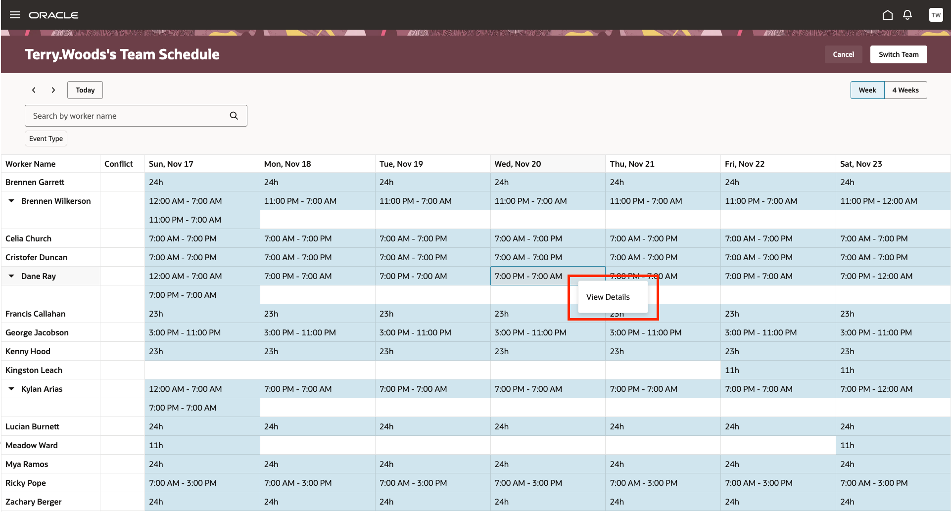 Example Redwood Team Schedule Showing the Right-Click View Details Option