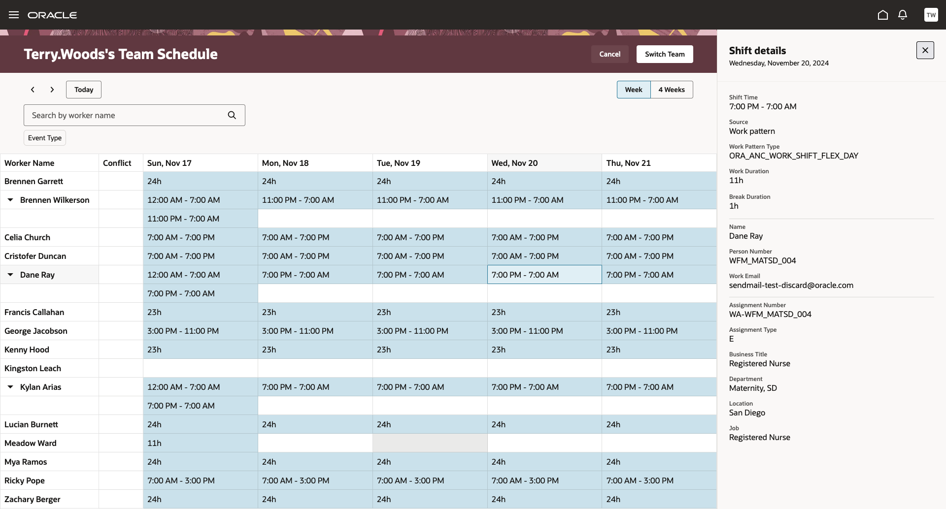 Example Redwood Team Scheduling Showing the Shift Details Drawer