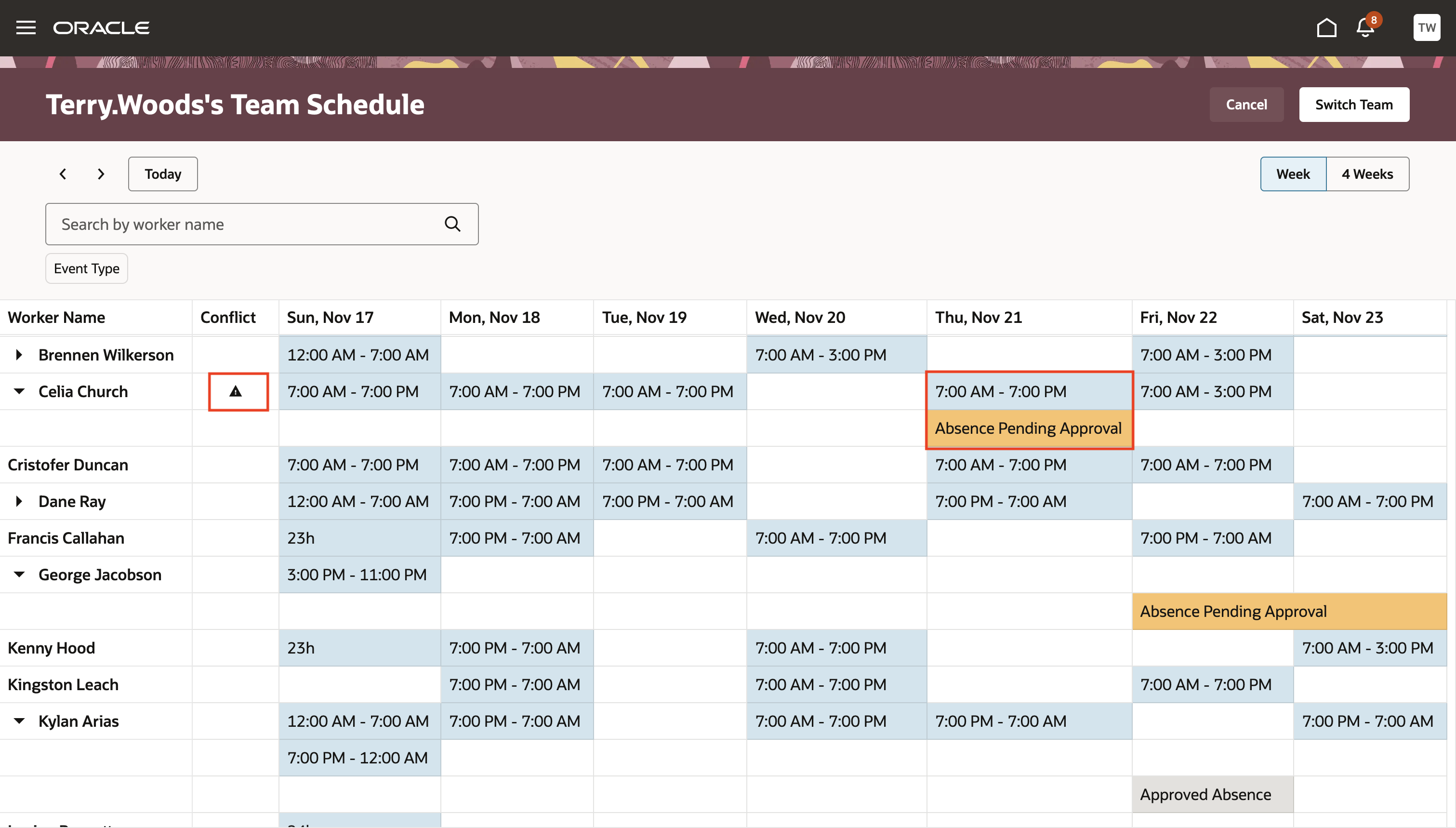 Redwood Team Schedule Page in the Week View Showing a Conflict for a Worker with both a Scheduled Shift and an Absence Pending Approval
