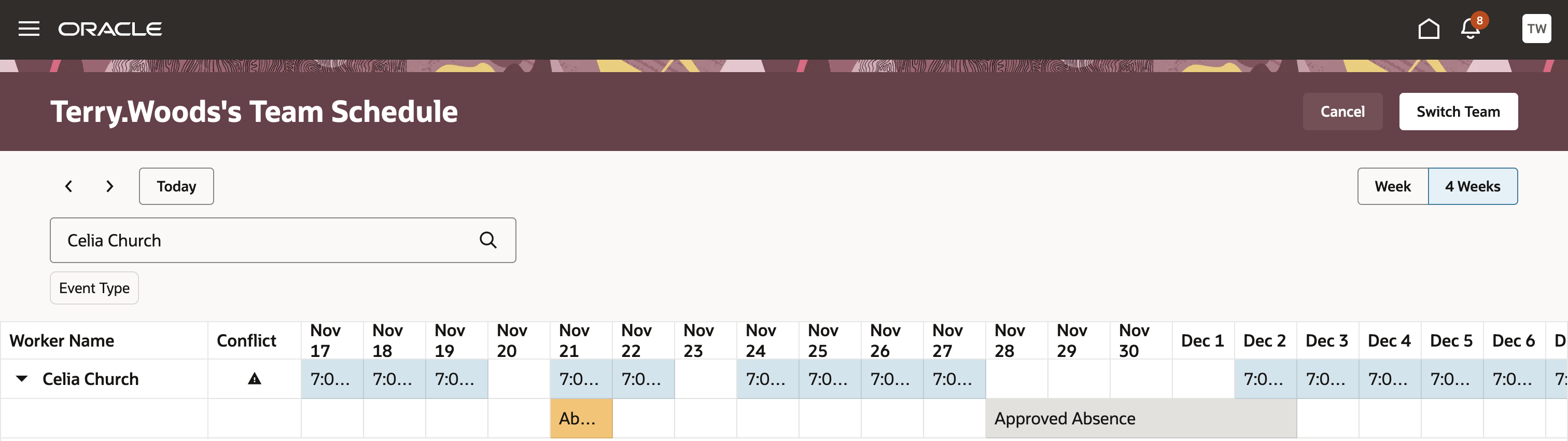 Redwood Team Schedule in the 4 Weeks View Showing a Worker Search Results