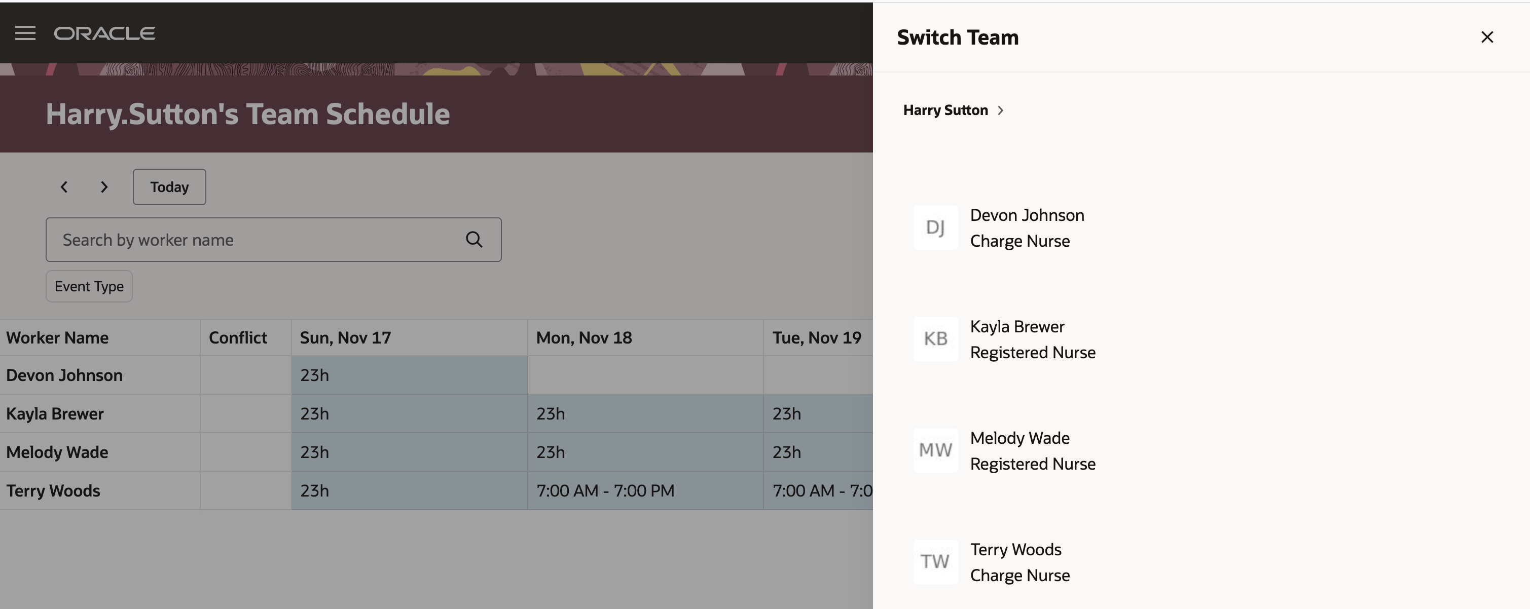 Redwood Team Schedule Showing the Switch Team experience from the Team Schedule page. 