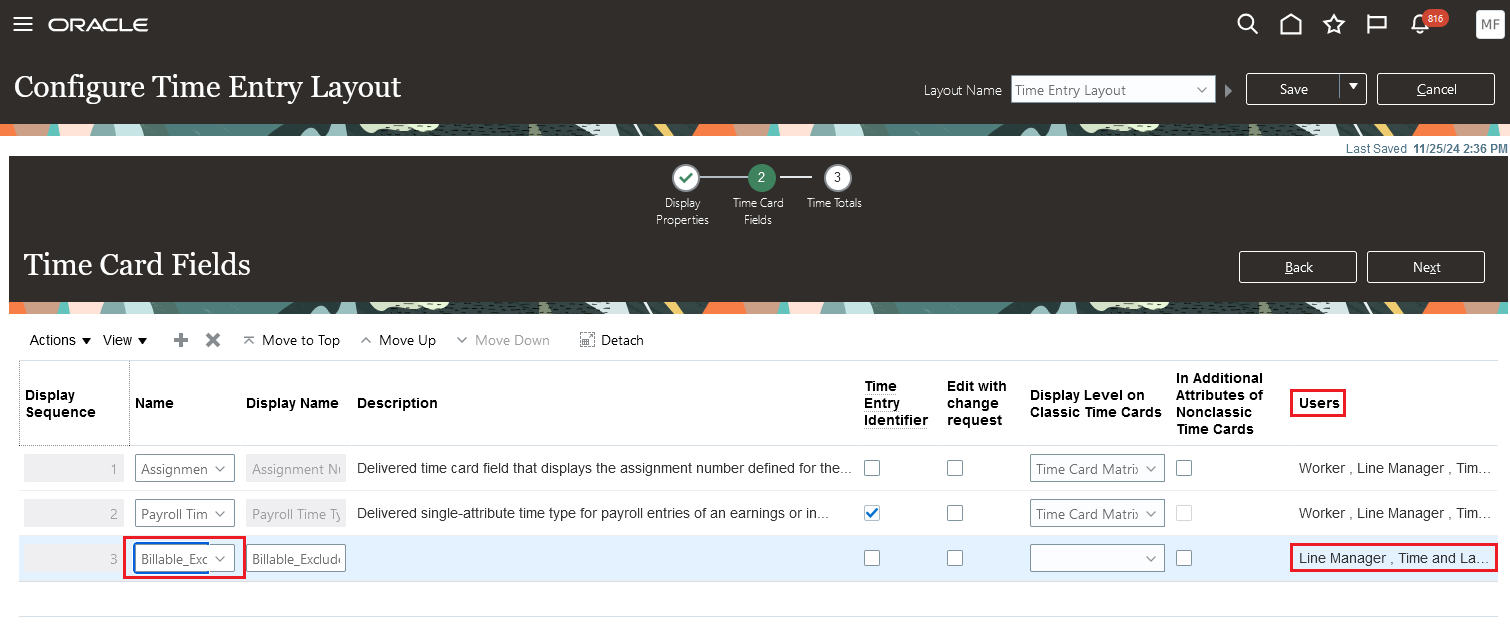 Configure Time Entry Layout with the New Billable Field Added and Showing Used by Only Line Manager and Time and Labor Manager