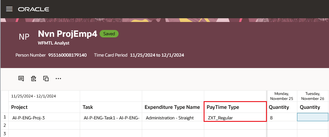 Time Card with the ZXT_Regular Pay Time Type