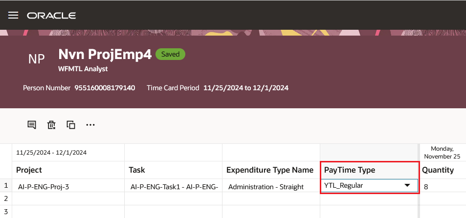 Time Card with the YTL_Regular Pay Time Type