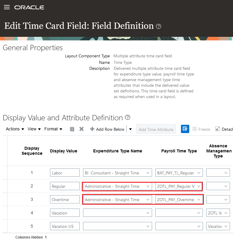 Multiattribute Time Card Field Showing the Regular and Overtime Display Values with the Same Expenditure Type Name Value, but Different Payroll Time Type Values
