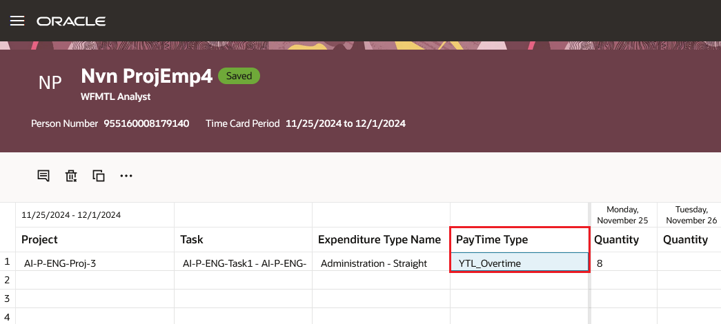 Time Card with the YTL_Regular Pay Time Type Value
