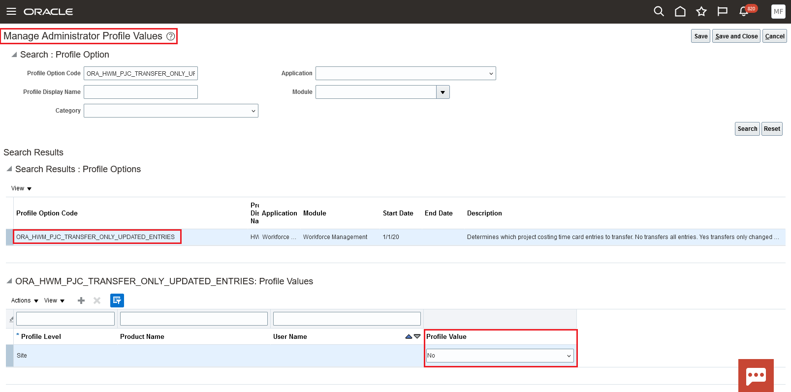 Manage Administration Profile Values Page Showing the ORA_HWM_PJC_TRANSFER_ONLY_UPDATED_ENTRIES Profile Option