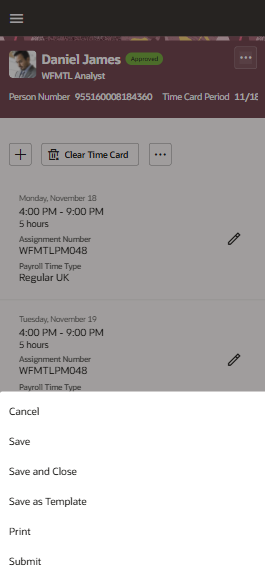Redwood Mobile Time Card Showing the Available Page-Level Actions