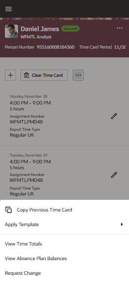Redwood Mobile Time Card Showing the More Actions Options