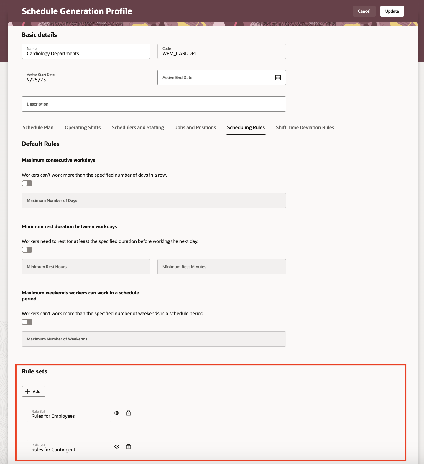 Schedule Generation Profile Showing the Defined Rule Sets