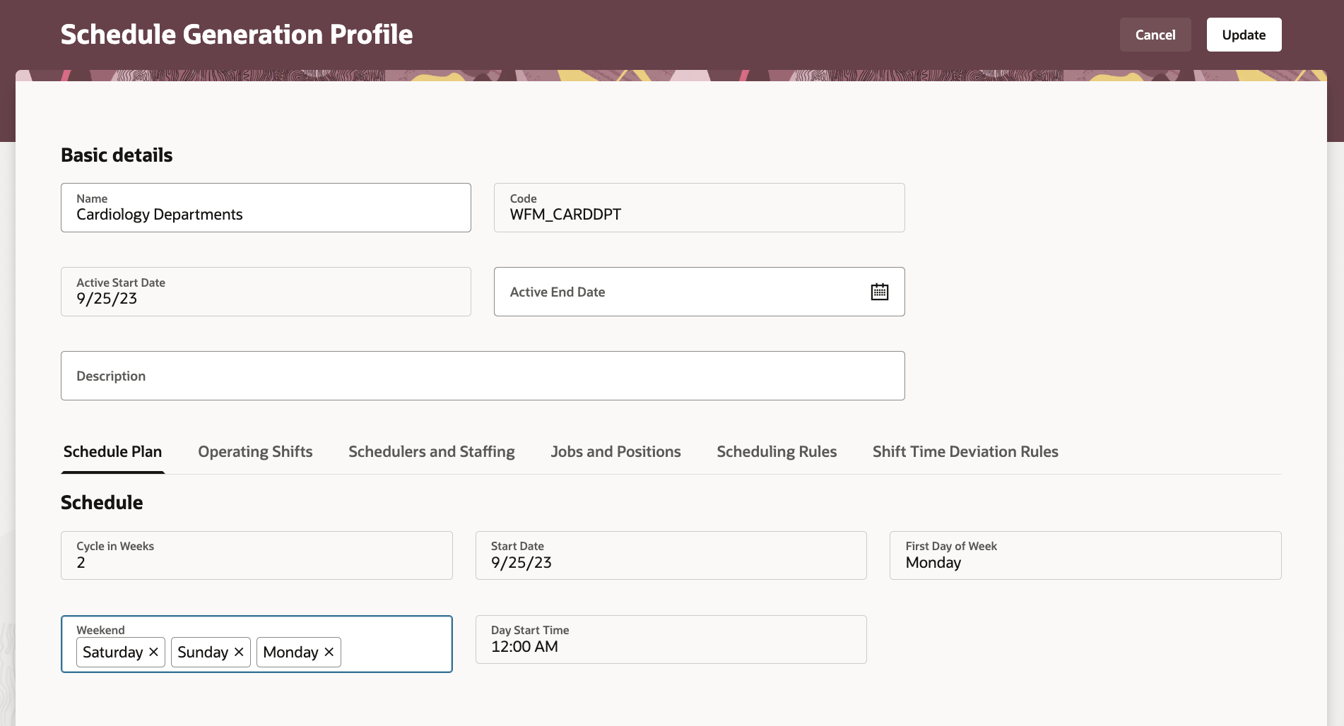 Schedule Generation Profile Showing Weekend Defined as 3 Consecutive Days