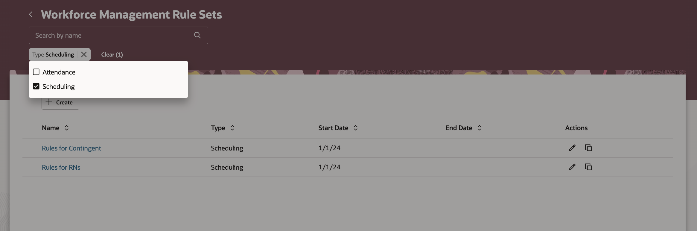 Workforce Management Rule Sets Page and Filters