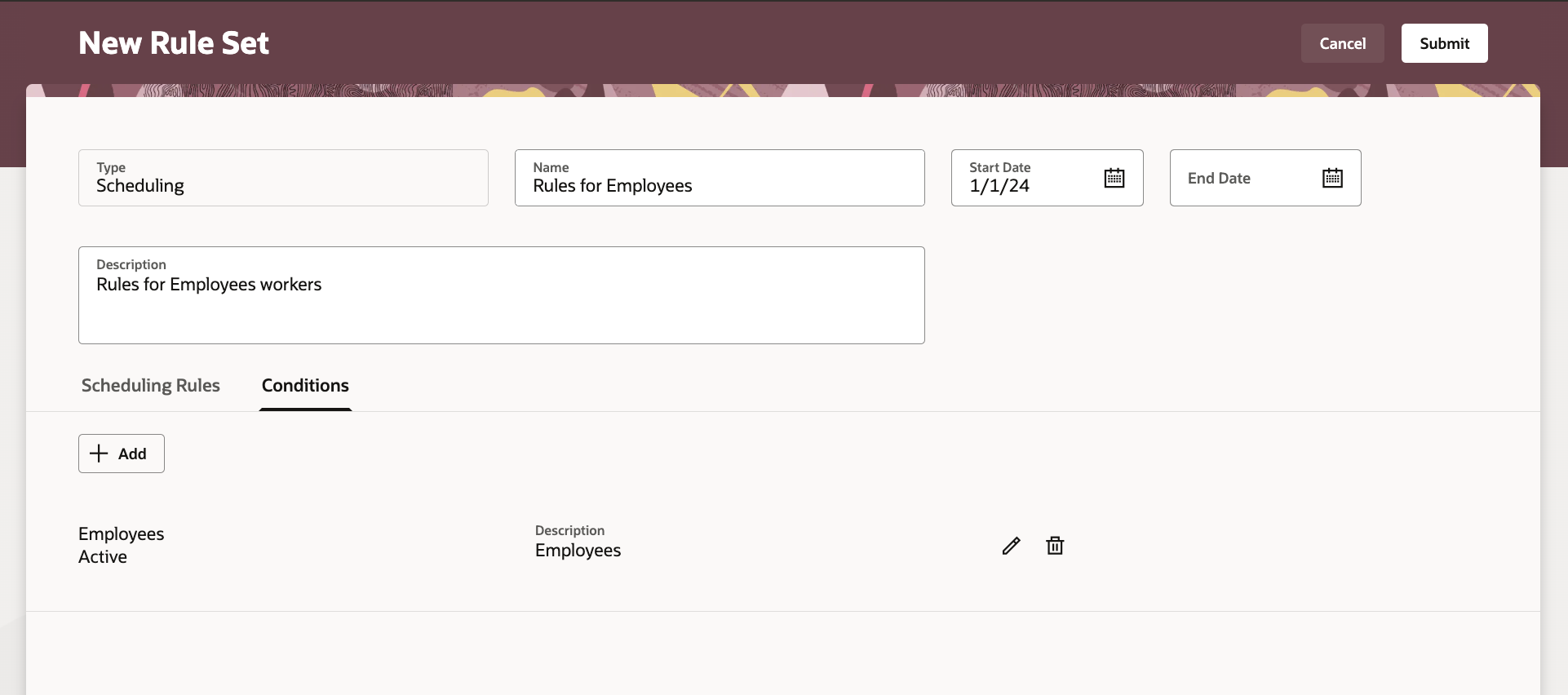 New Rule Set Page, Conditions Tab Showing an Added Condition