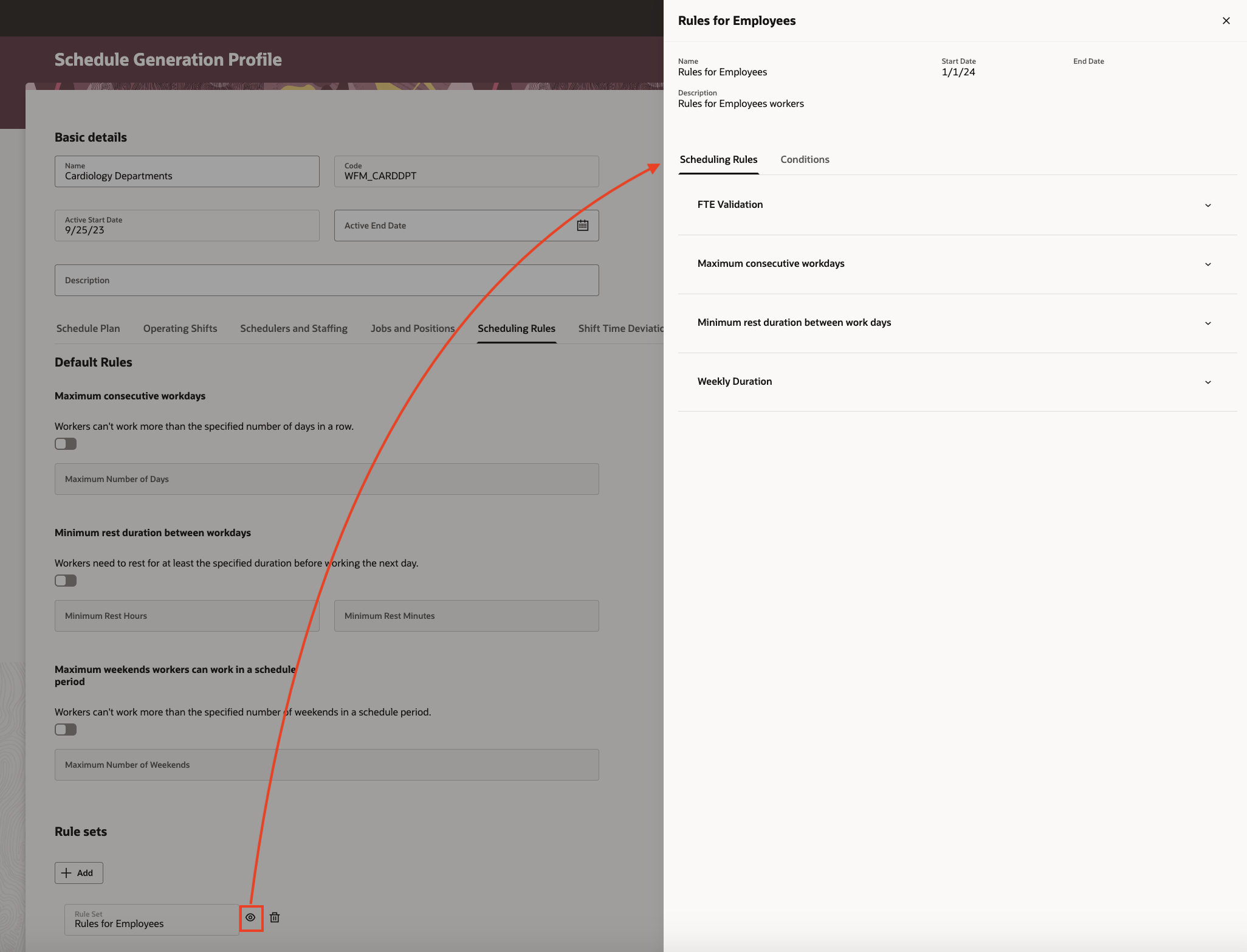 Schedule Generation Profile with the Rule Set Details Drawer Open