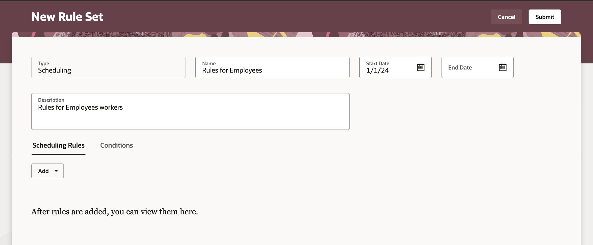 New Rule Set Page Showing the Scheduling Rules Tab