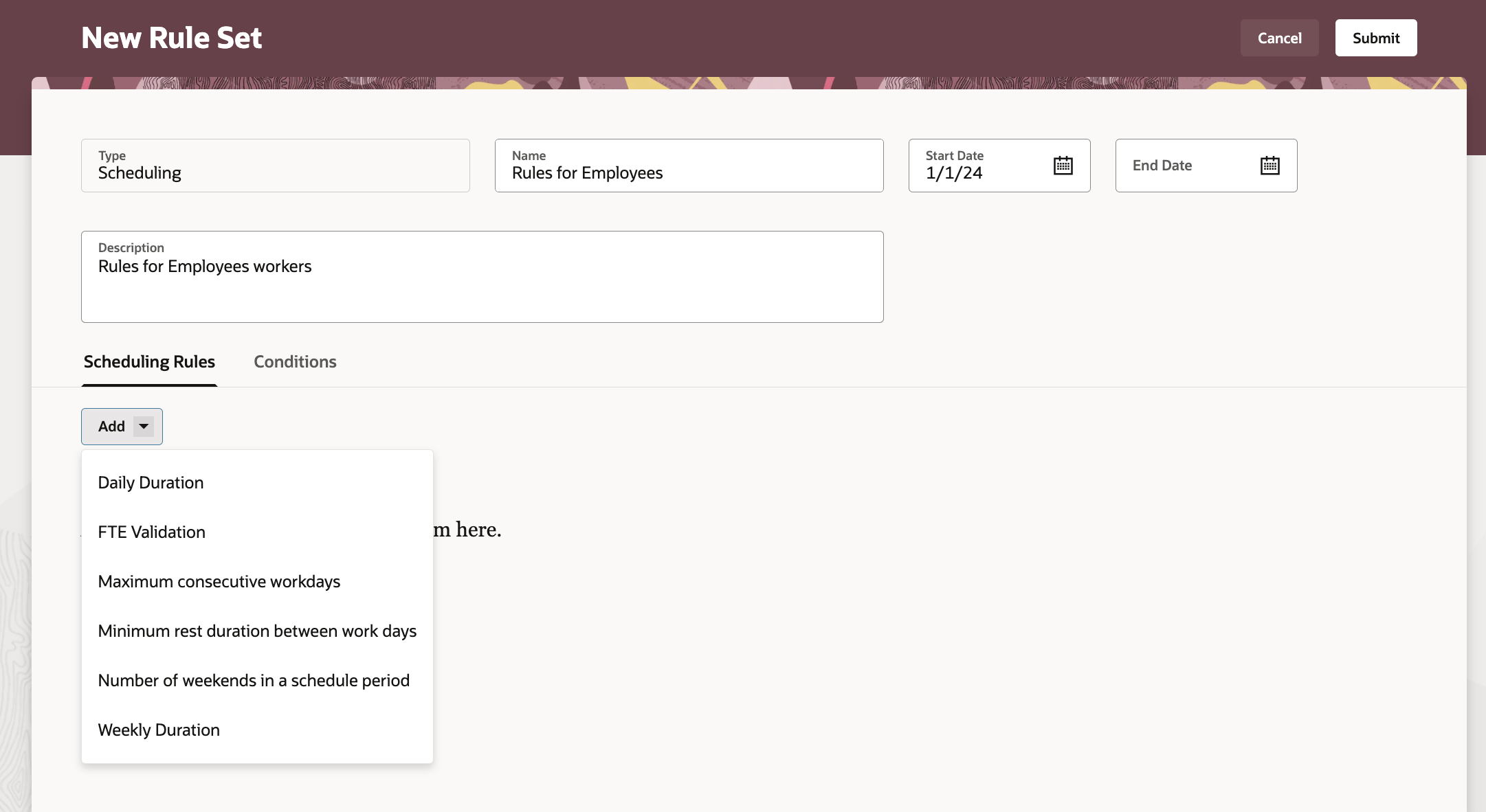 New Rule Set Page Showing the Add Options