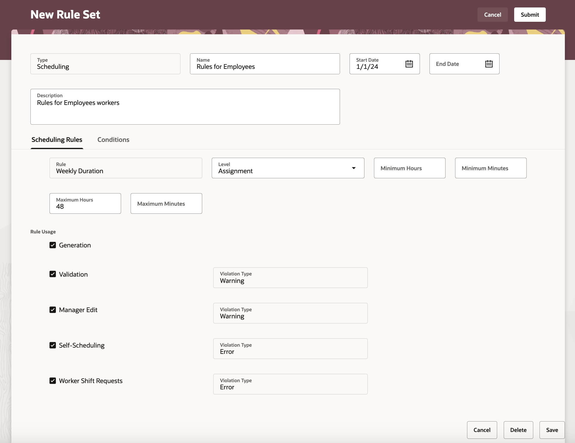 New Rule Set Page with Parameters, Including Level and Usage, for an Added Weekly Duration Rule