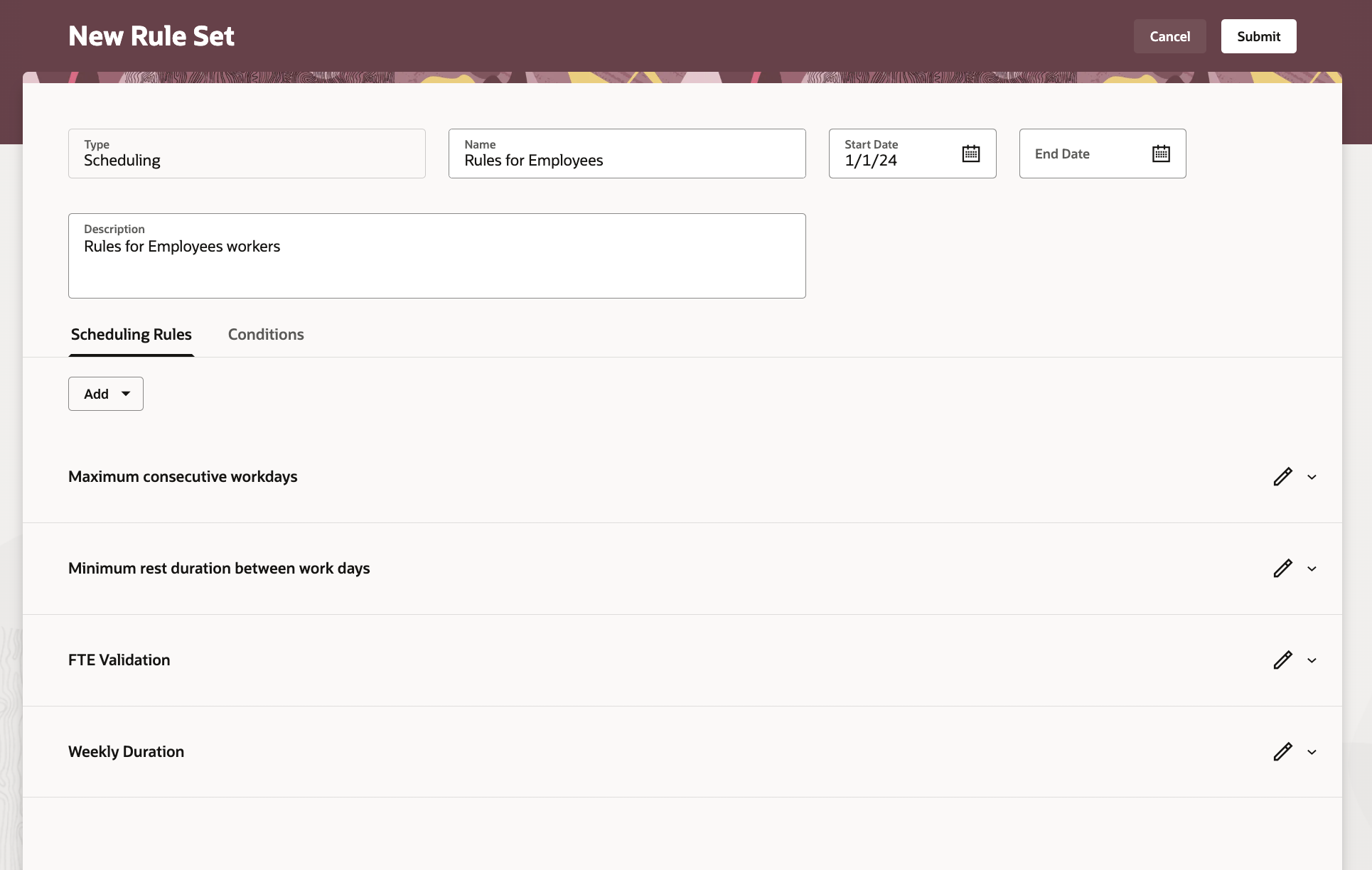 New Rule Set Page with Multiple Rules Scheduling Rules Added