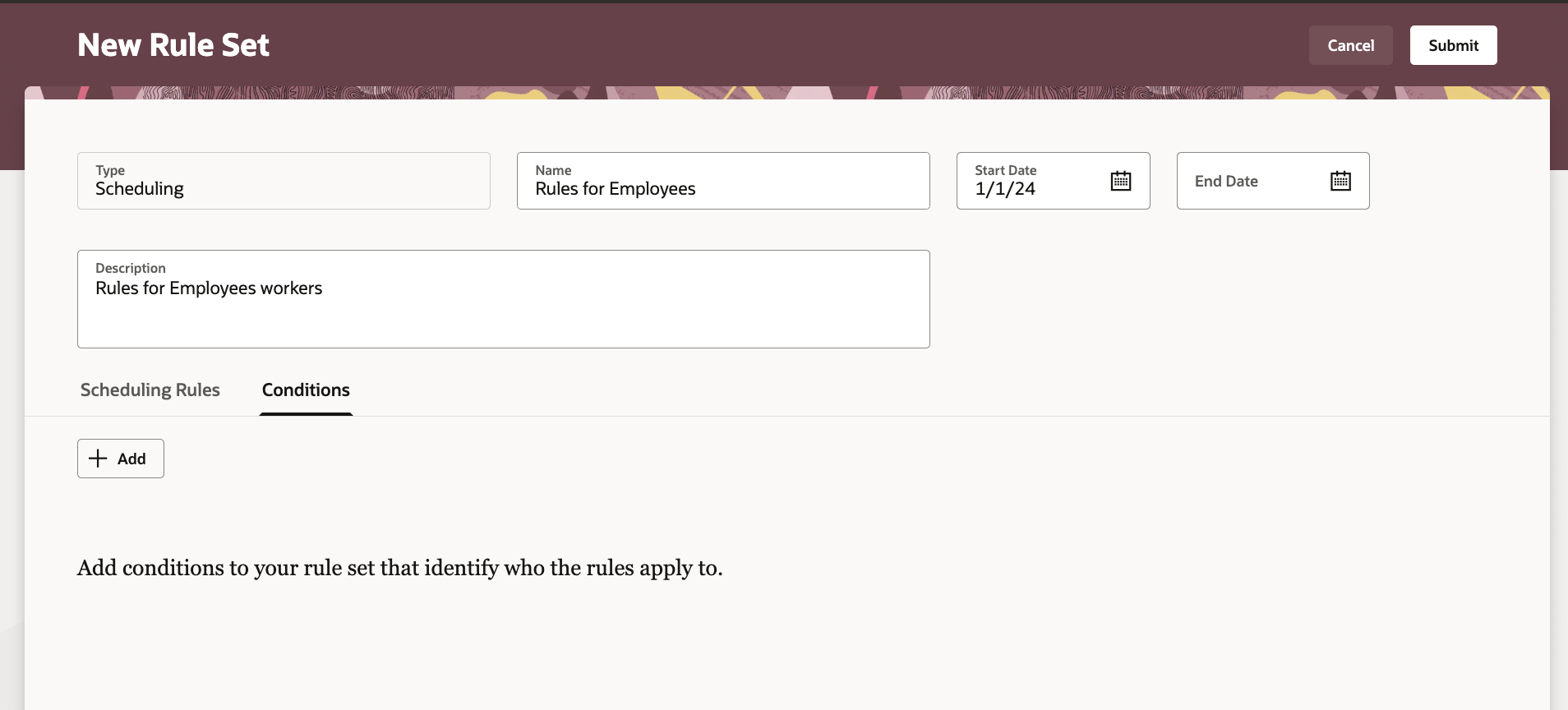 New Rule Set Page, Conditions Tab