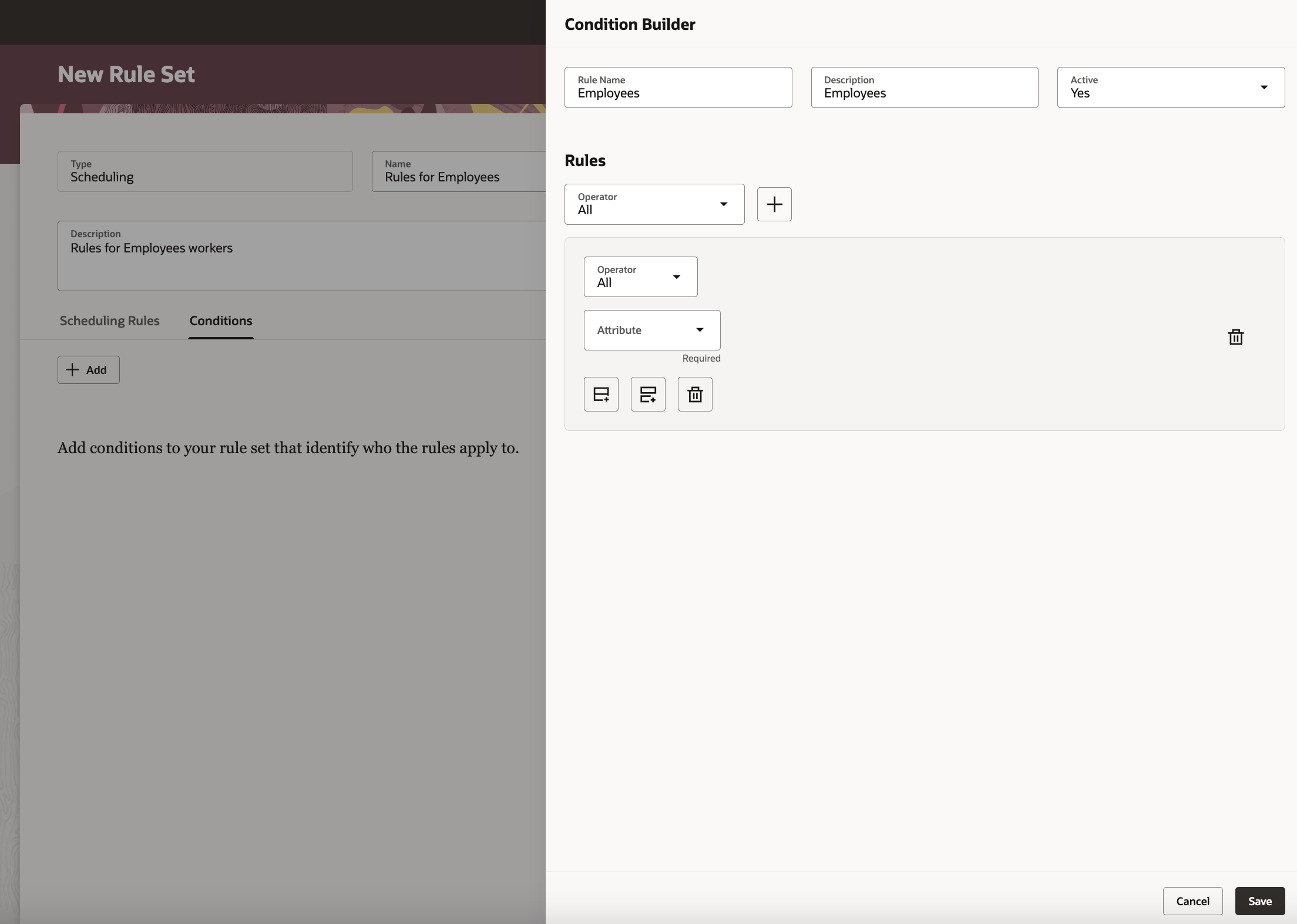 Condition Builder Drawer Opened from the New Rule Set Page, Conditions Tab