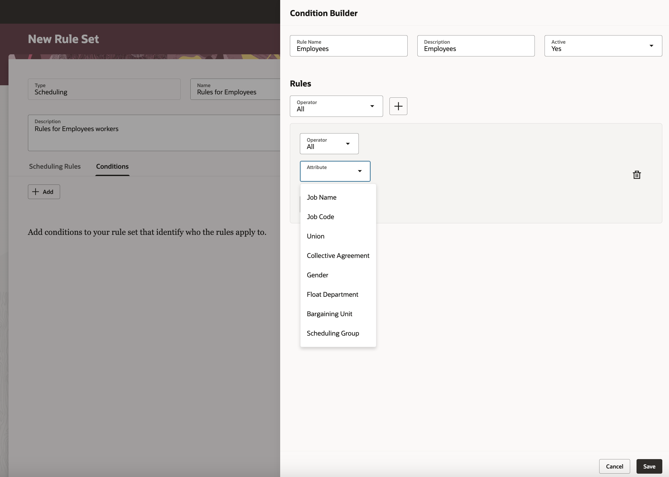 Condition Builder Drawer Showing the Attributes Drop-Down List of Values