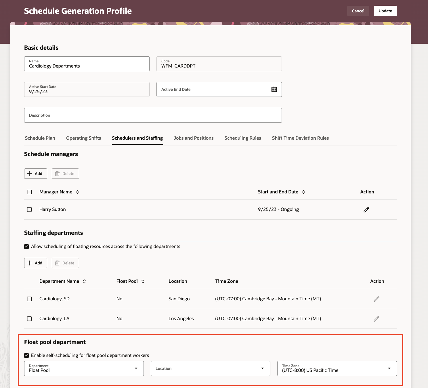 Schedule Generation Profile with Self-Scheduling Enabled and Showing the Float Pool Department Fields
