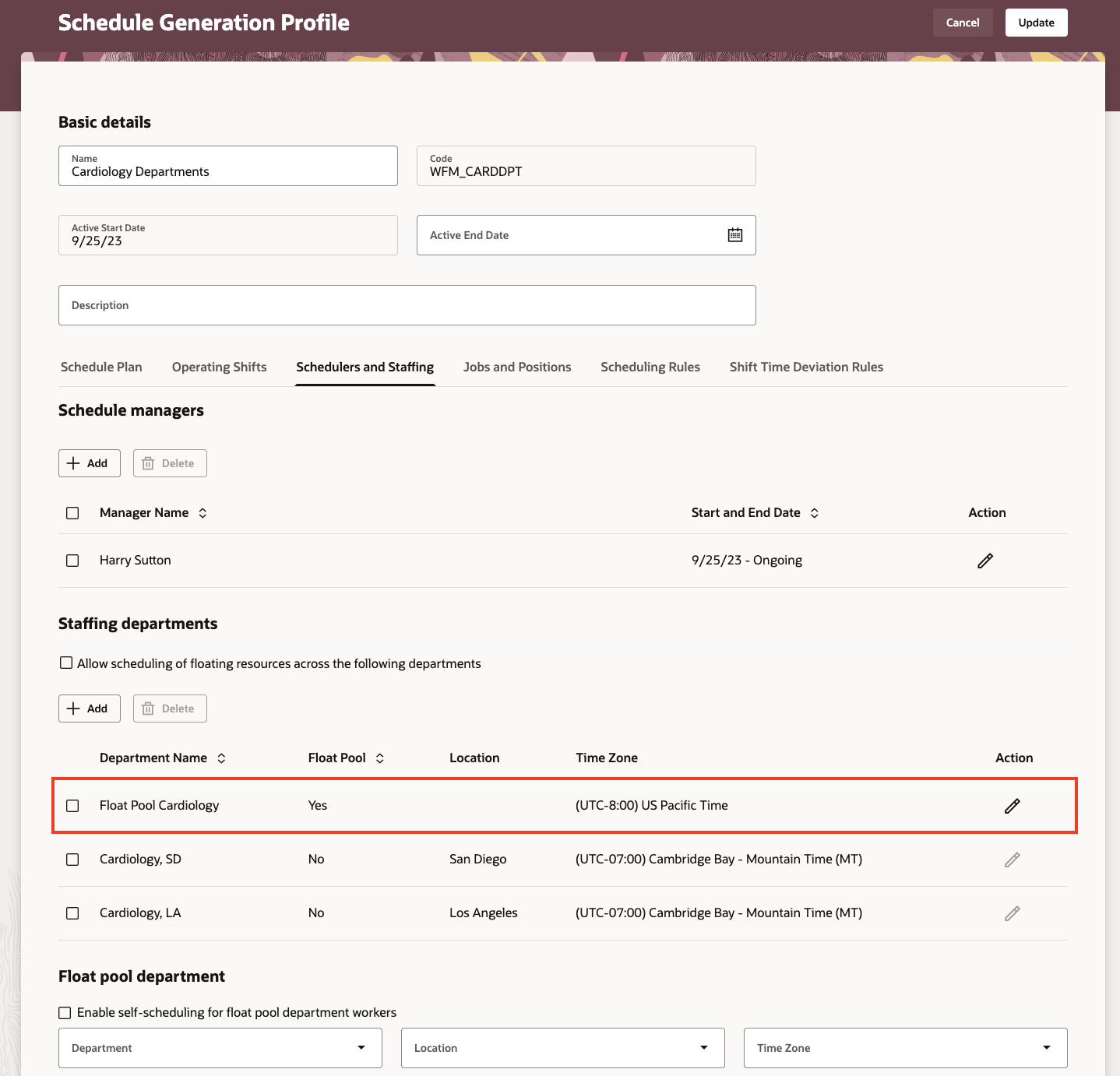 Schedule Generation Profile Showing a Float Pool Department Added in the Staffing Departments Section
