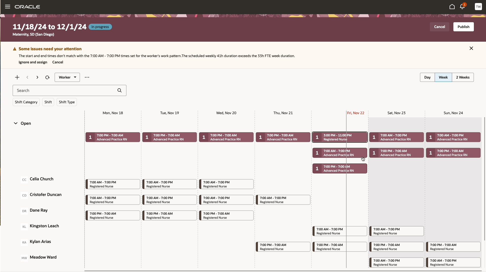 Workforce Schedule, Worker View Showing a Warning That the Scheduler Can Decide to Ignore and Continue to Assign the Shift 