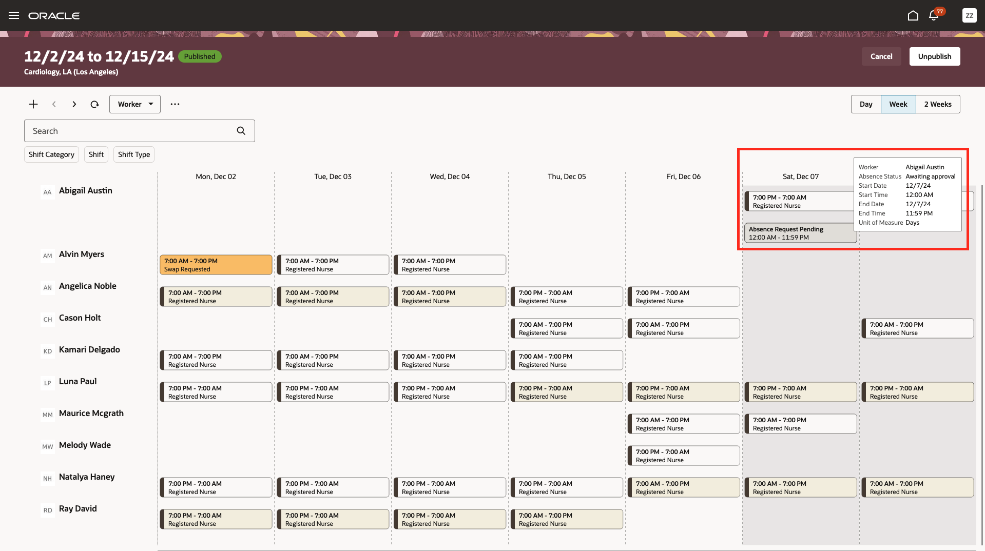 Workforce Schedule, Worker View with a 1-Day Absence Request Pending Approval That Overlaps a Scheduled Shift