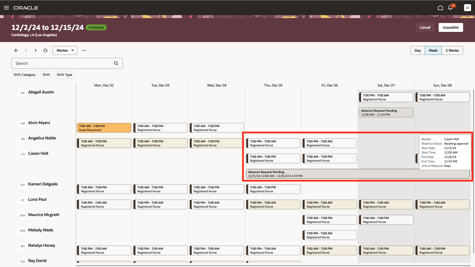 Workforce Schedule, Worker View with a Multiday Absence Request Pending Approval Appearing Across All the Days of the Duration