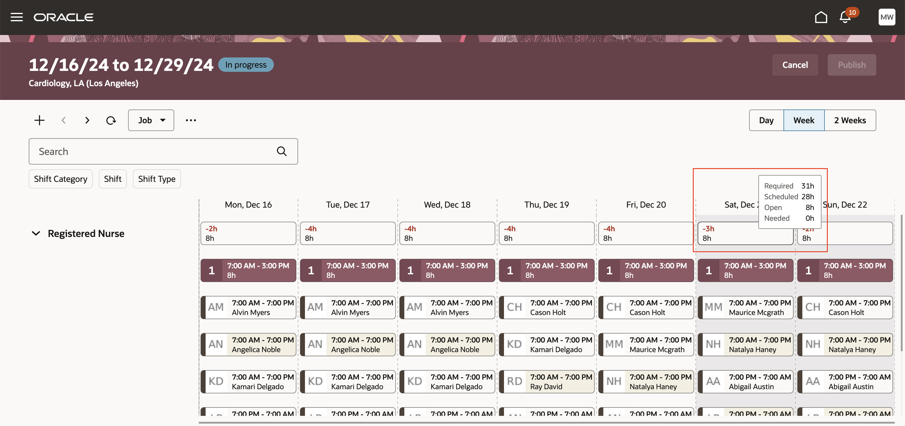 Workforce Schedule Showing Summary Hover Information 