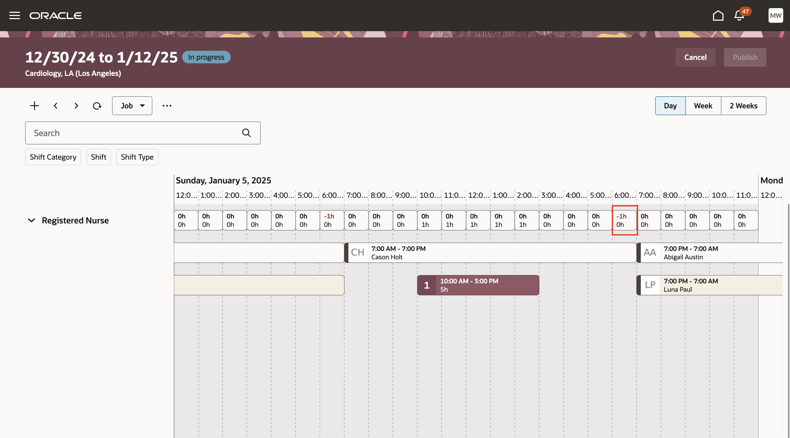 Workforce Schedule, Job View Showing How the 7:00 AM - 7:00 PM Shift for Advanced Practice RN Job Includes a 1h Unpaid Break