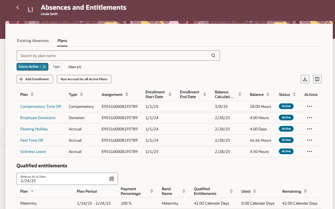 Plans tab of the Absences and Entitlements Redwood page
