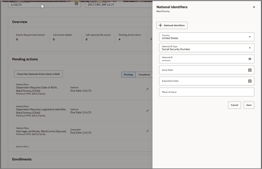 Screen capture of the national identifier pending action section. 