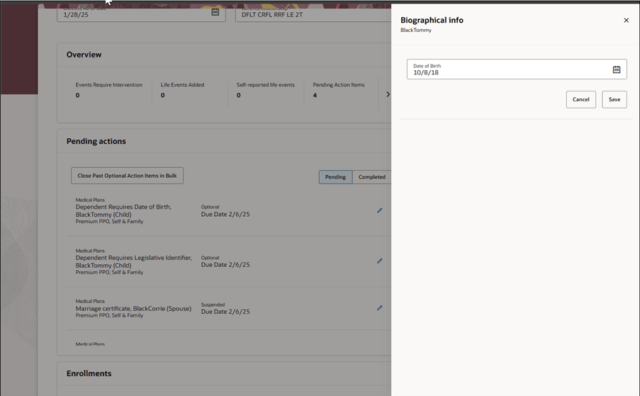 Screen capture of the biographical info pending action section. 