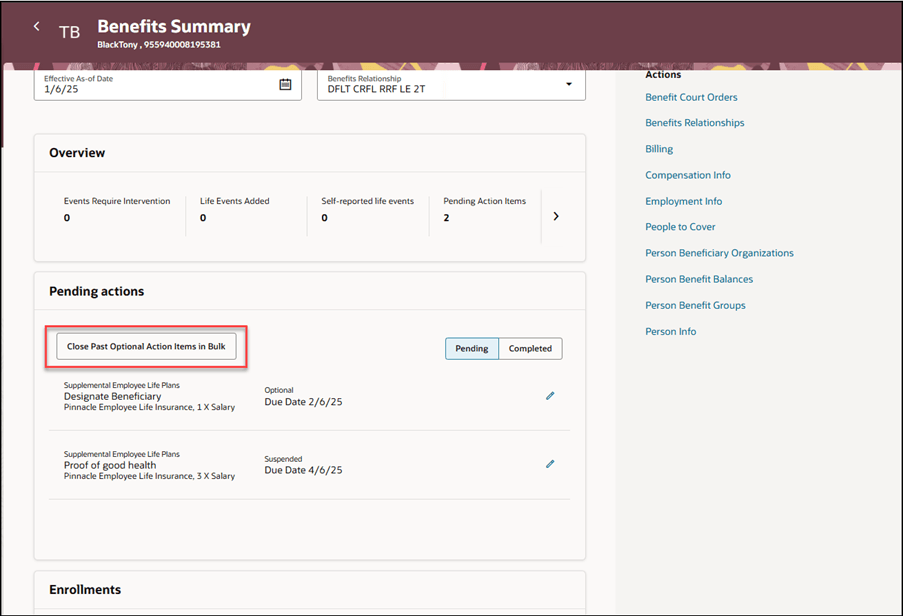 Screen capture of the Benefits Summary page with the Close Prior Optional Action Items in Bulk button highlighted. 