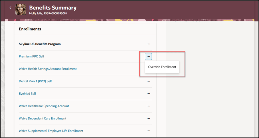 Screen capture of the Enrollment Overrides Page in Benefits Summary with the Override Enrollment button highlighted. 