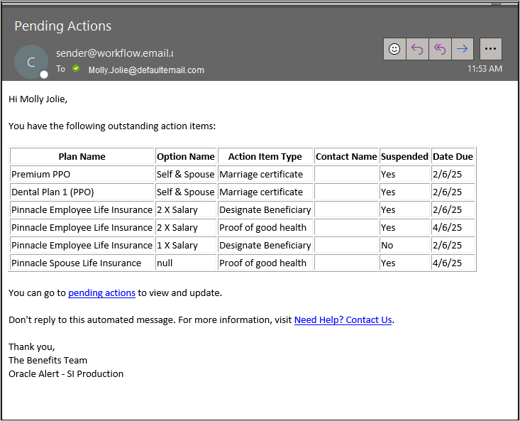Screen capture of Benefits Pending Actions Alert email. 