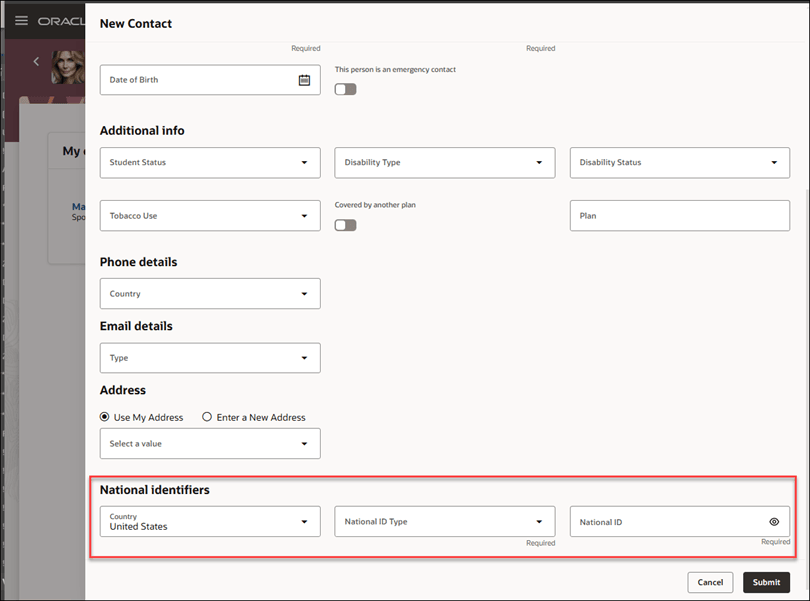 Screen capture of the Benefit Contact Page with National Identifier area highlighted. 